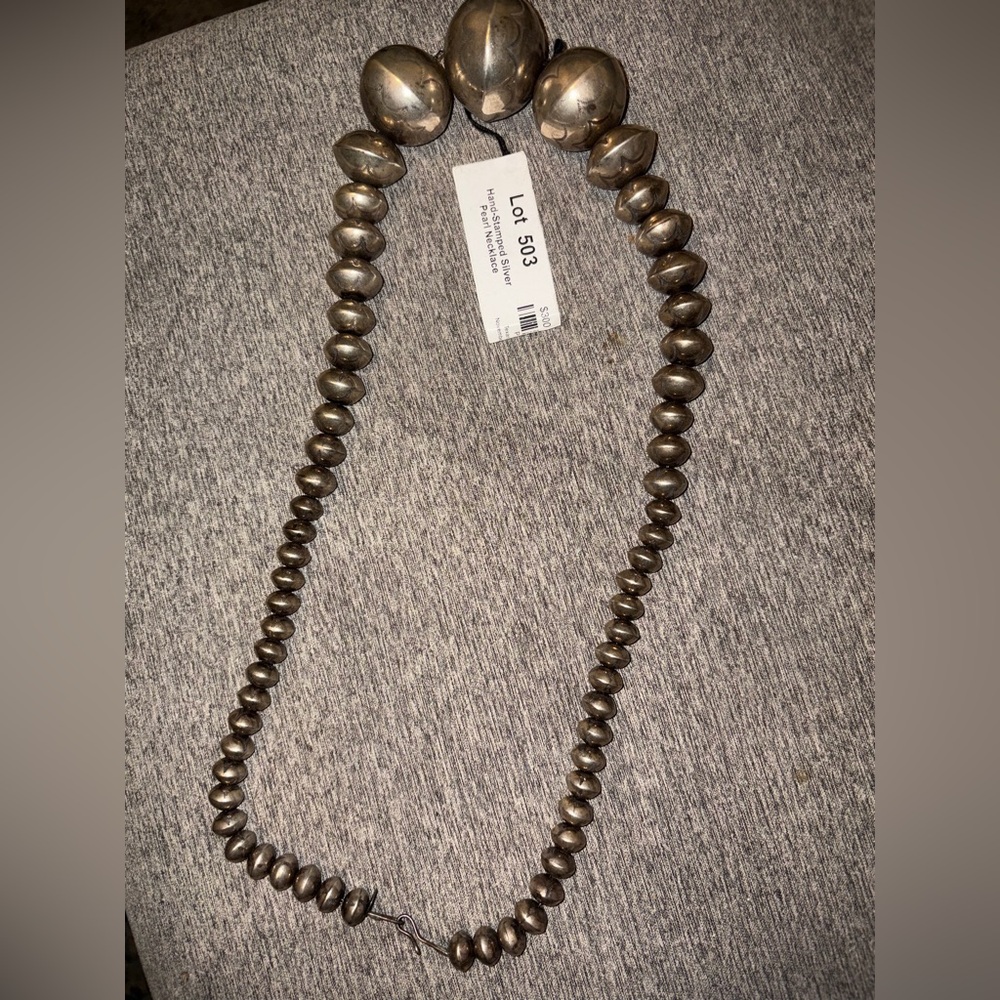 Hand stamped silver pearl necklace- Navajo Style Necklace - Silver
